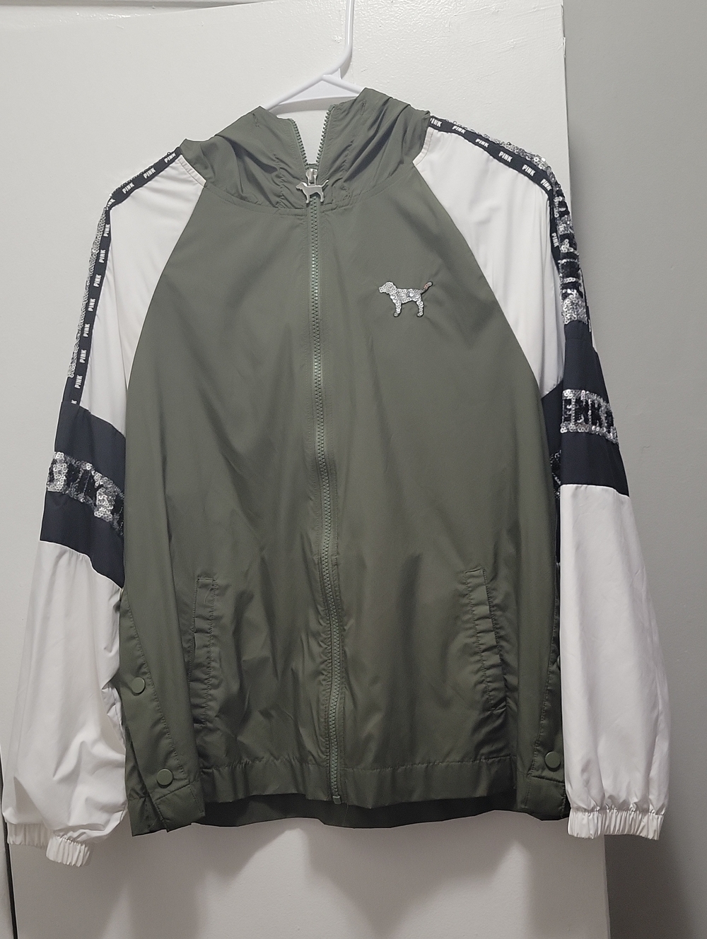 PINK Olive Green Zip-Up Windbreaker Jacket with White Sleeve Panels